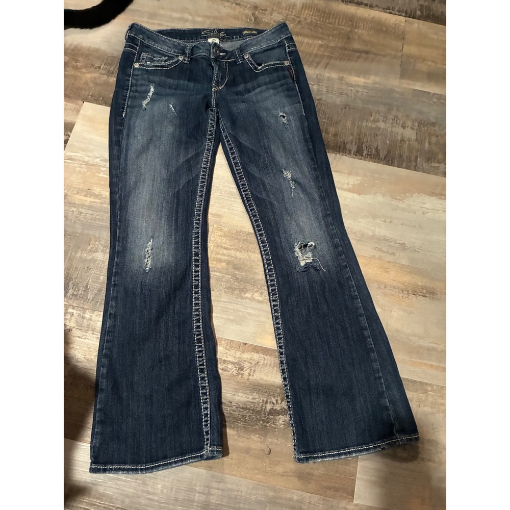 Silver Jeans Lola Flare Dark Wash Distressed Denim Contrast Stitch 32 Waist